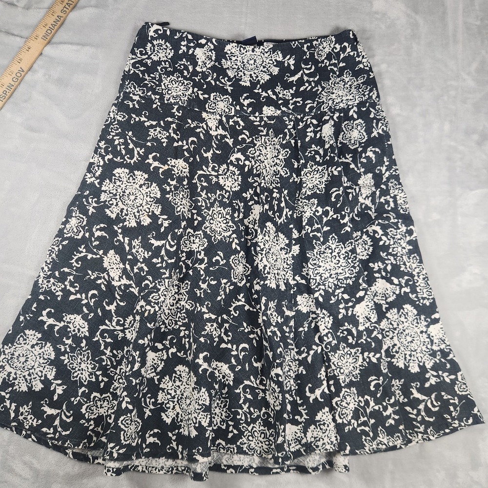 Gap Black Floral A-Line Pleated Skirt Size 2 100% Linen‎ Made in India Classic